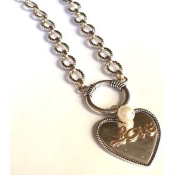Silver Gold Heart Necklace Pearl Message 30" Chain Plus Size BIG Chunky Bold - Picture 4 of 8